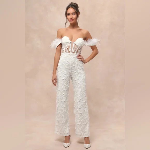 Lulus Midnight Sparkle White Mesh Embroidered Feather Bustier Jumpsuit XL Bridal - Picture 2 of 9